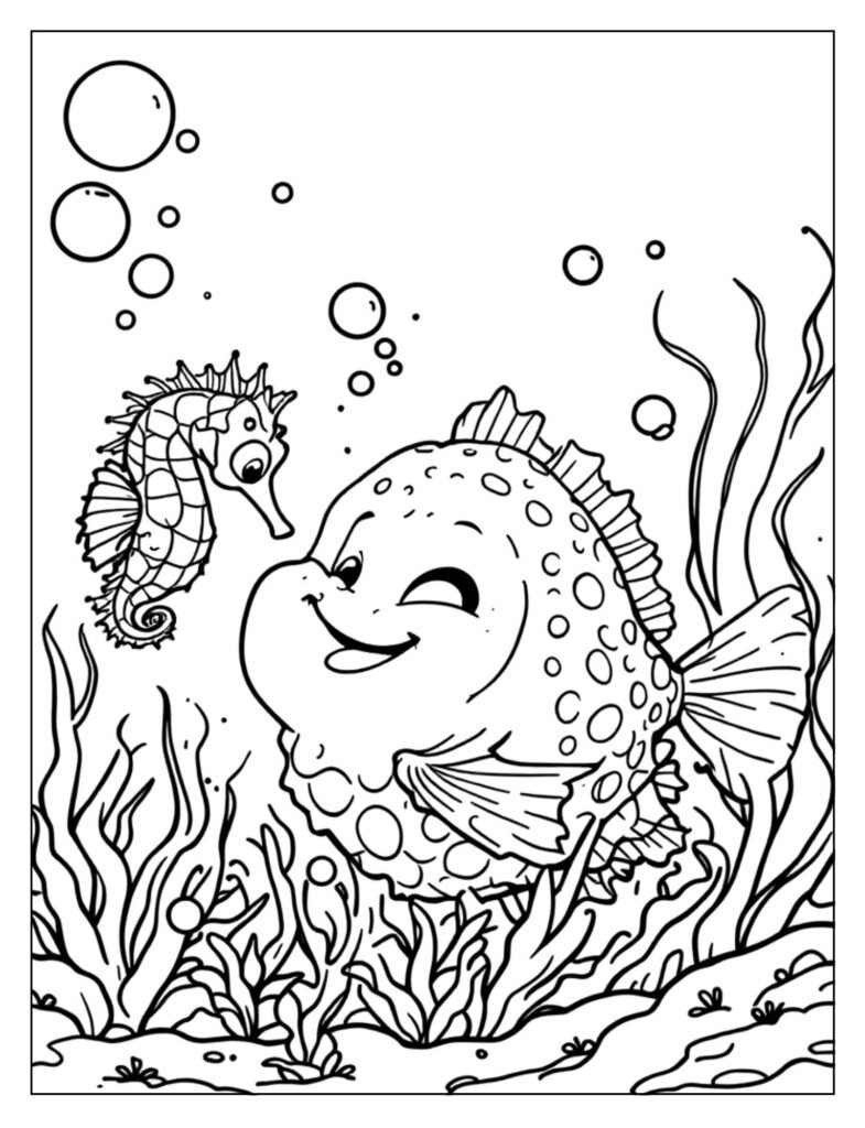 Puffer fish with seahorse marine life coloring page