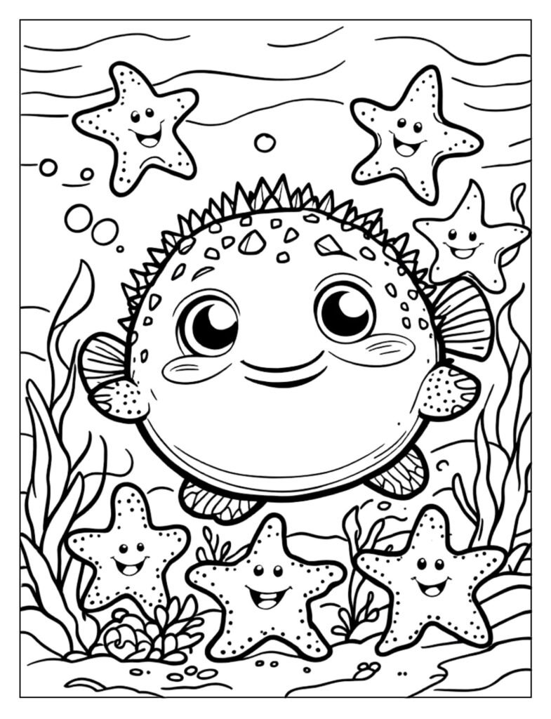 Puffer fish and starfish underwater scene coloring page