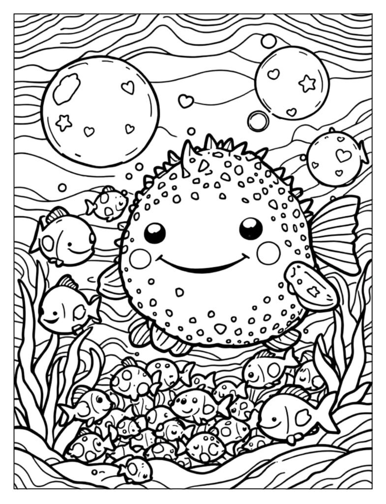  Puffer fish blowing bubbles coloring page