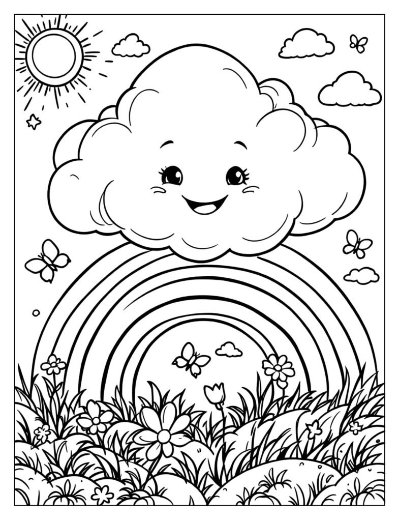 Big puffy cloud with a rainbow coloring page