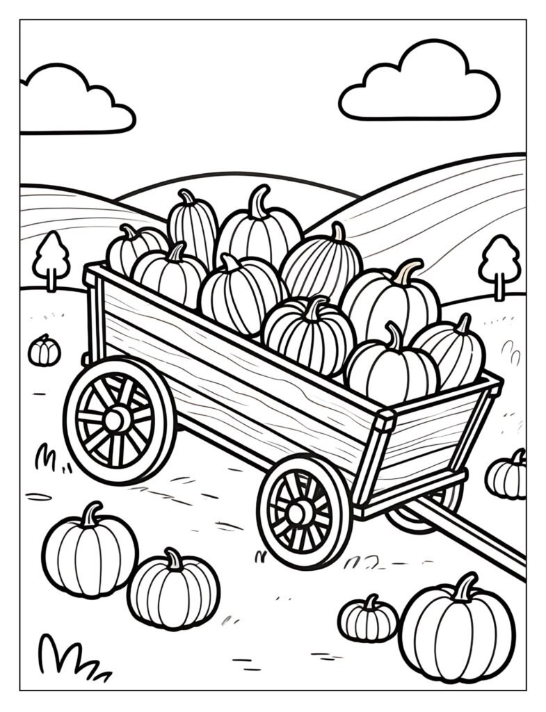 A wagon filled with pumpkins and gourds in a patch.