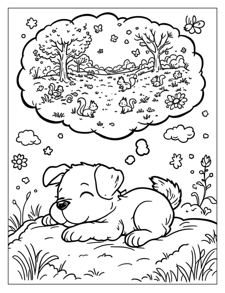 Puppy dreaming of chasing squirrels coloring page