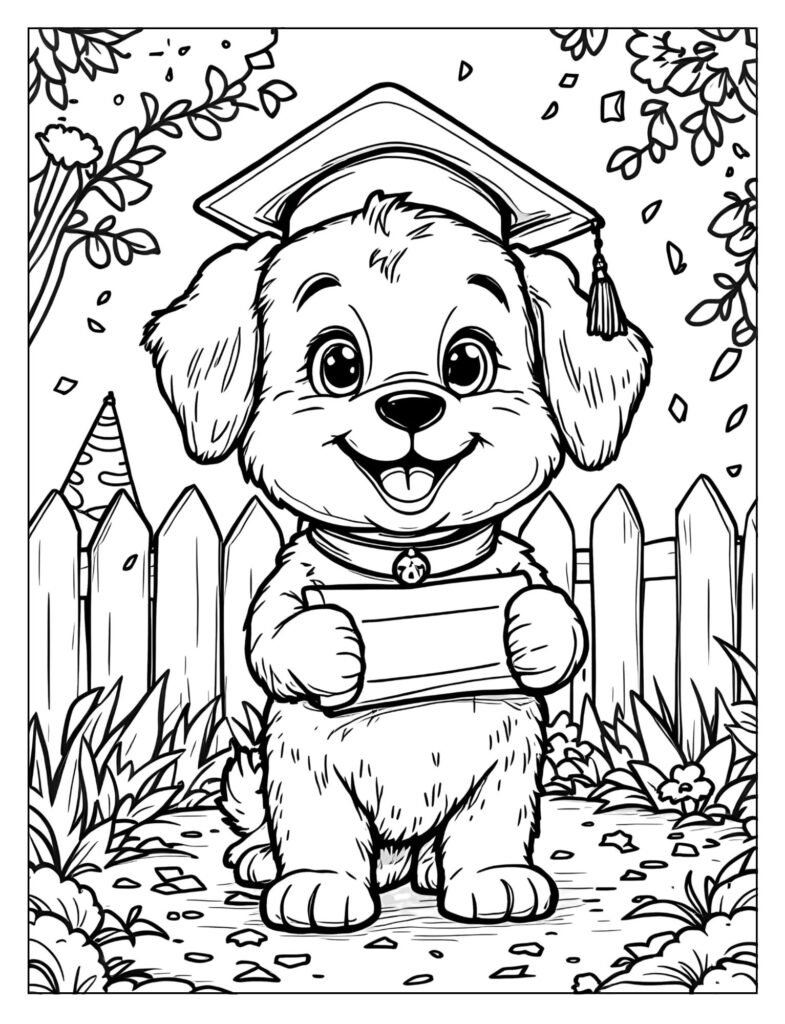 Clever puppy wearing graduation cap and diploma coloring page

