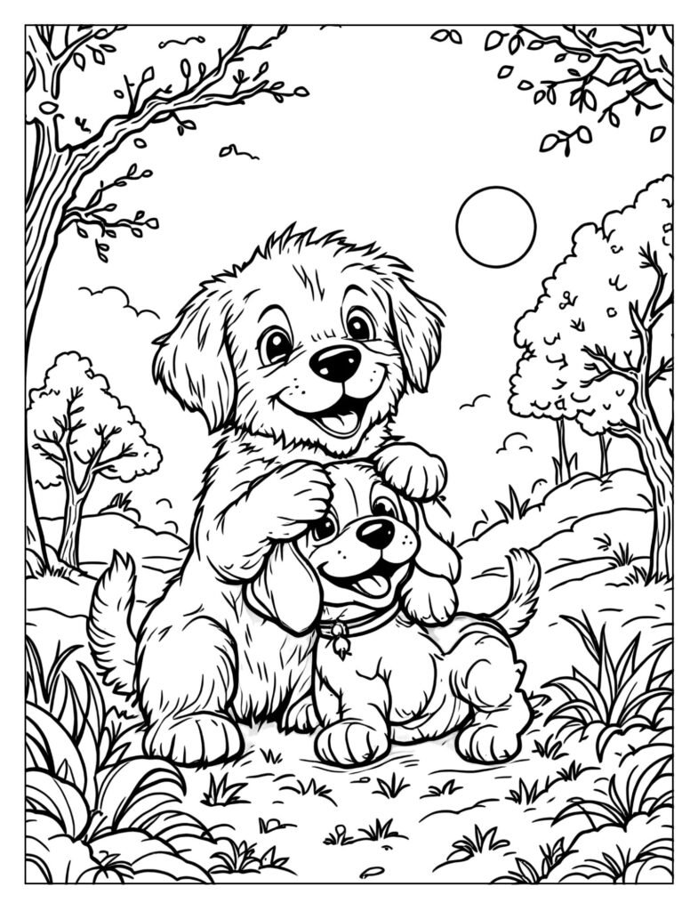 Two puppy pals wrestling playfully coloring page