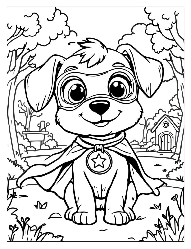Cartoon puppy superhero with cape coloring page