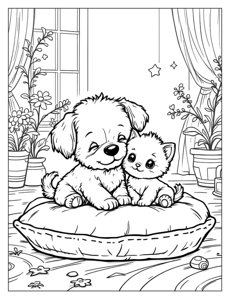 Puppy and kitten cuddling together coloring page