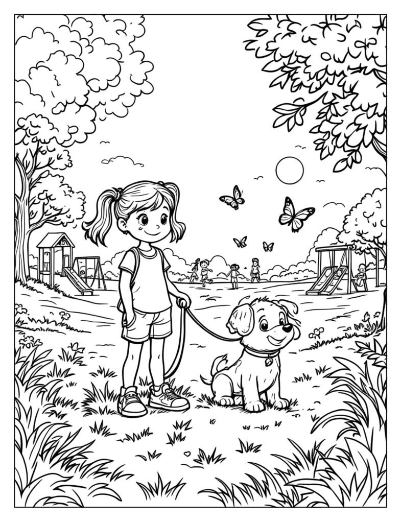 Puppy on leash exploring park with owner coloring page