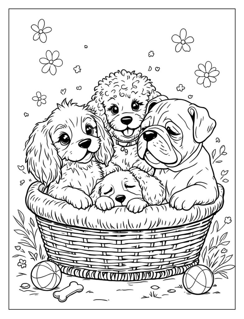 Adorable puppies huddled in a wicker basket coloring page