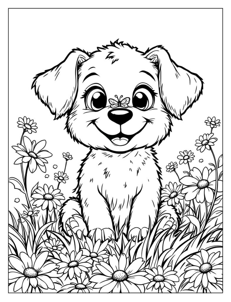 Cute puppy in flower field with butterfly coloring page