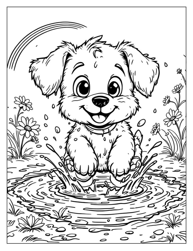 Mischievous puppy splashing in a puddle coloring page