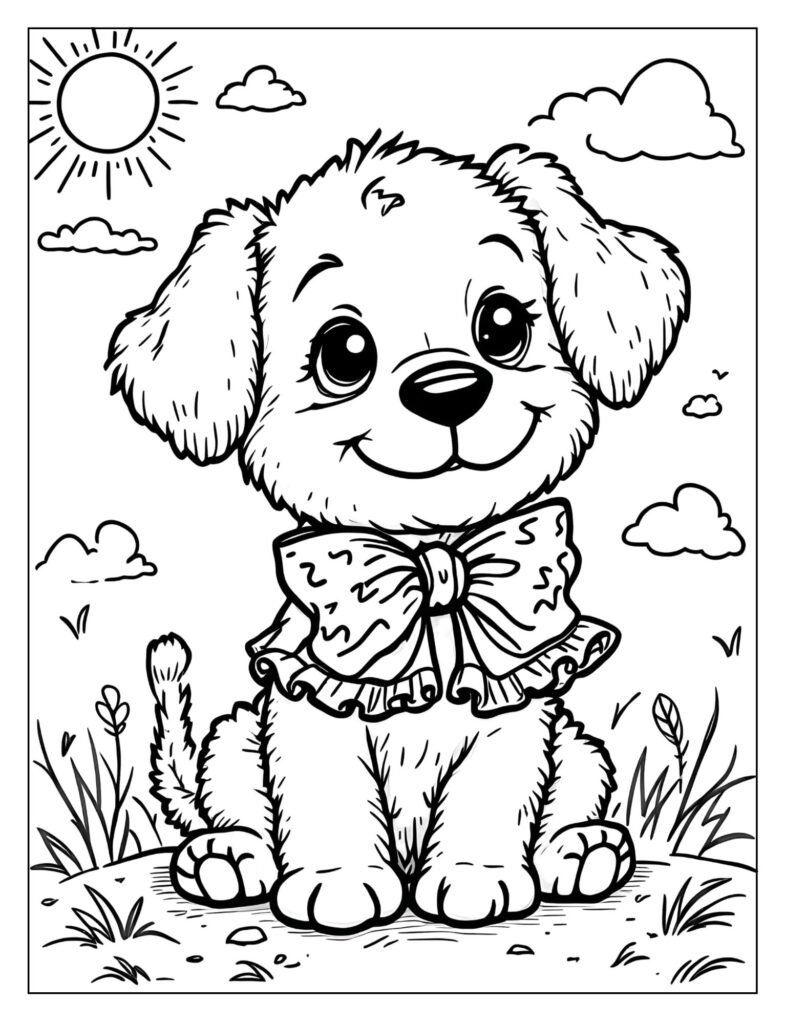 Sweet puppy wearing a decorative bow coloring page