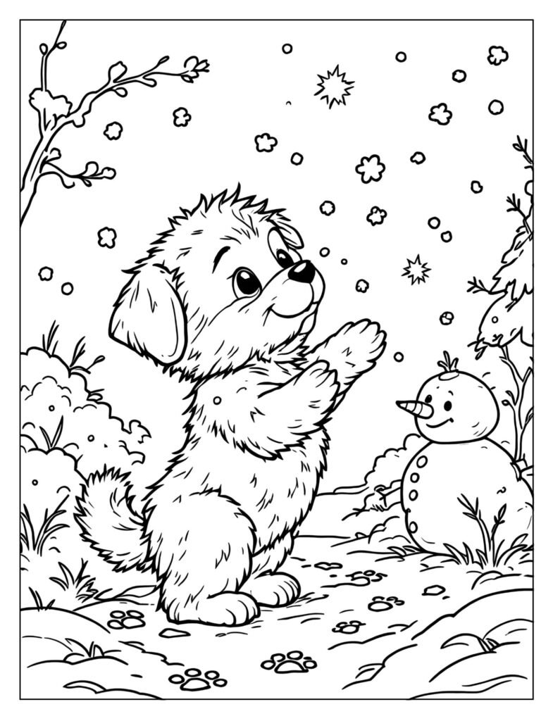 Excited puppy playing in first snow coloring page