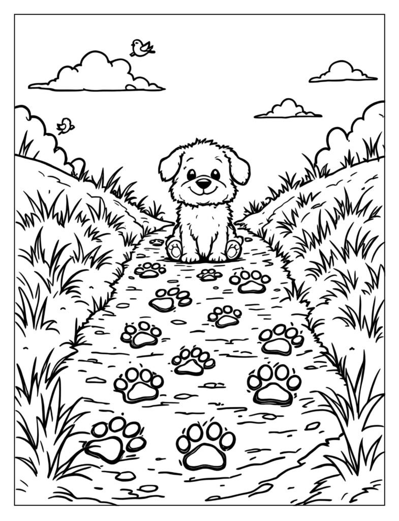 Trail of puppy paw prints with puppy at the end coloring page

