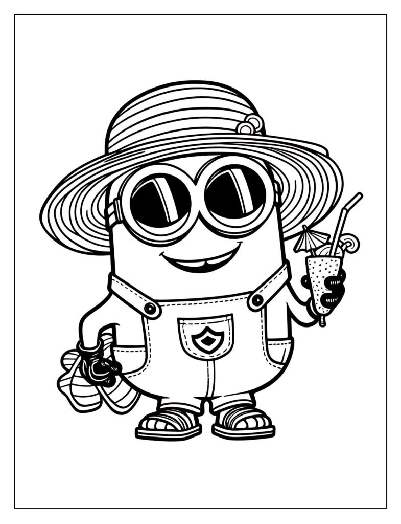 A line art drawing capturing a Minion in an odd or eccentric pose, showcasing their unique humor, ready for coloring.

