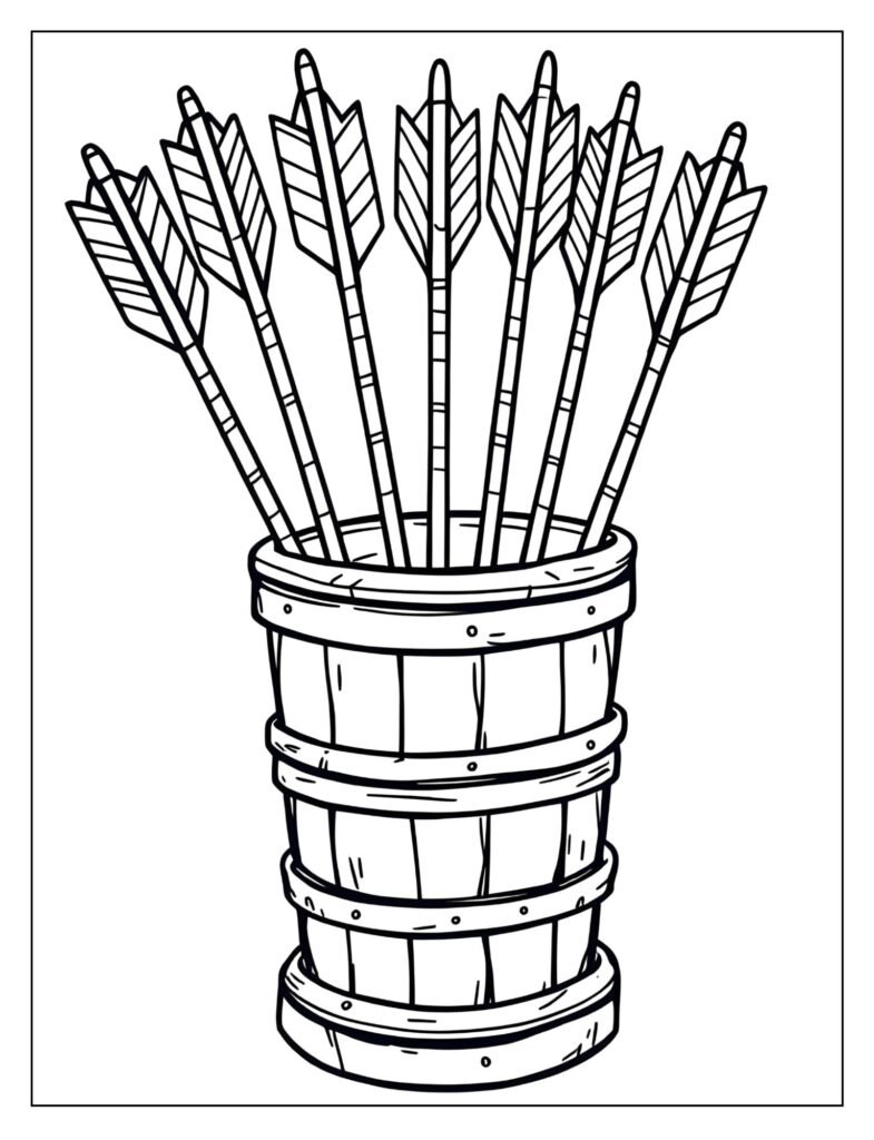 Detailed drawing of a quiver filled with several fletched arrows, showing colorful fletching and sharp arrowheads.