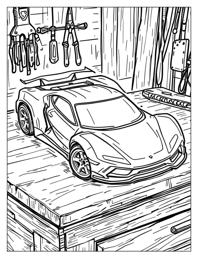 Drawing of a detached RC car body shell (the top plastic piece) sitting upside down on a workbench.