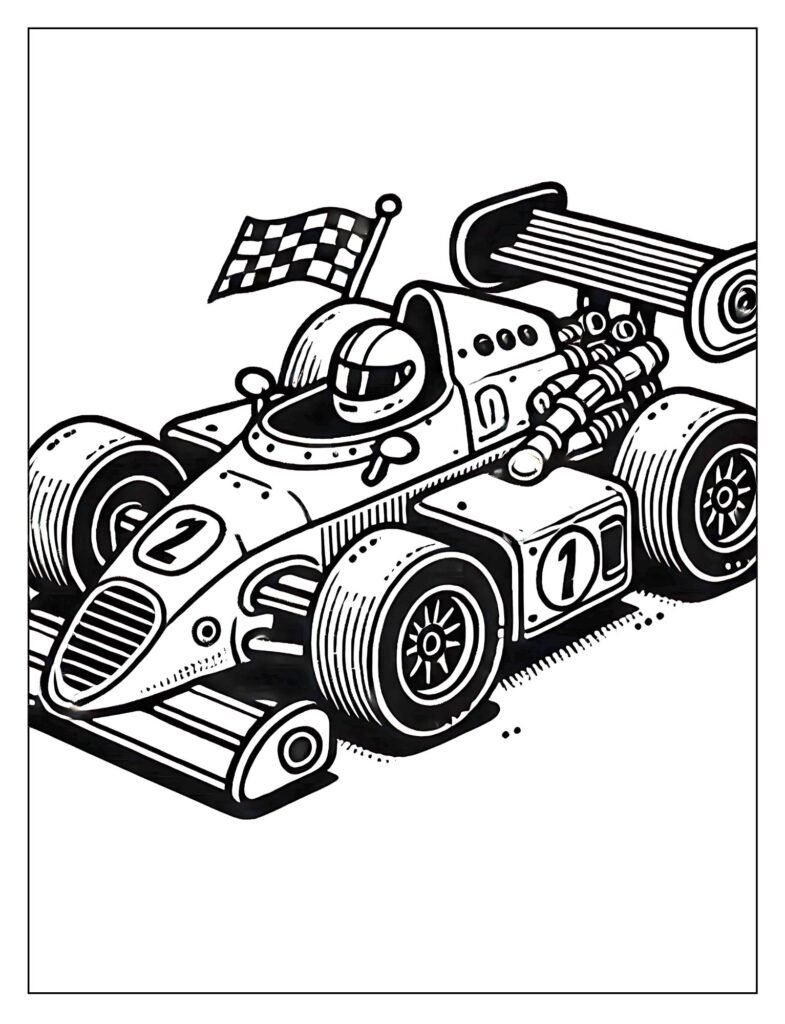 Line art of an aggressive, sponsored race car racer (F1 or stock car style) ready for the track.
