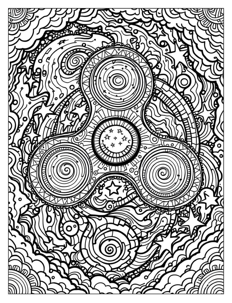 Highly detailed fidget spinner with a swirling rainbow or psychedelic pattern design.