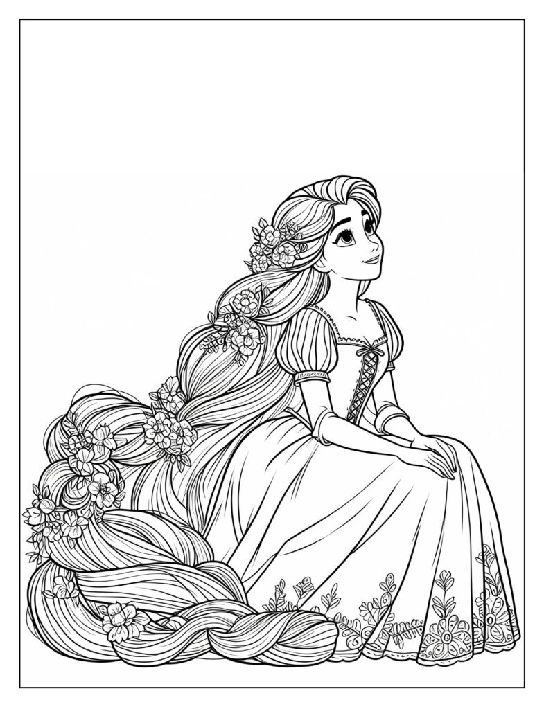An outline illustration of Rapunzel looking out of her tower window, dreaming of freedom and the world outside, ready for coloring.