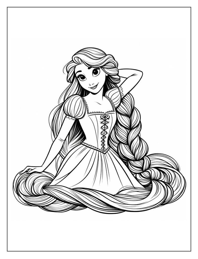 A line art illustration showing Rapunzel painting or creating art within her tower, showcasing her creative side, perfect for coloring.