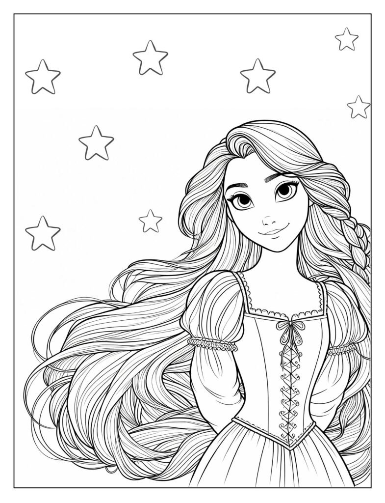 An outline drawing of Rapunzel, focusing on the intricate and beautiful braids of her long hair, ready to be colored.

