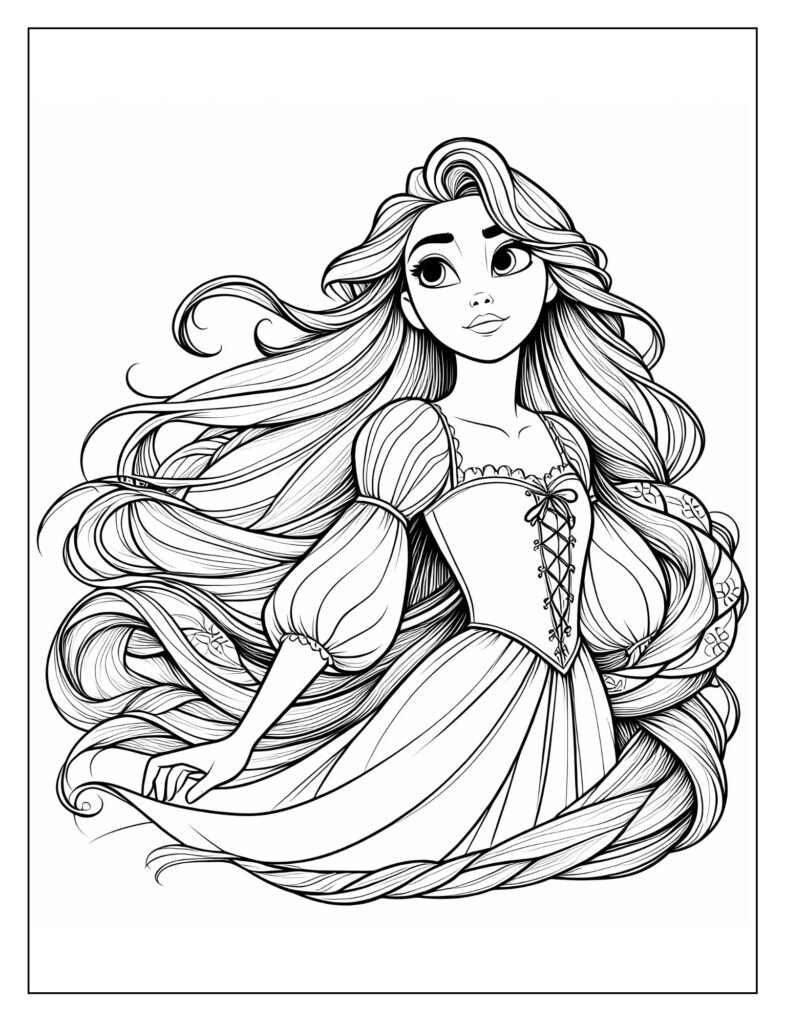 A line art illustration of Rapunzel making an exciting discovery, perhaps finding a new path or an unexpected object, perfect for coloring.

