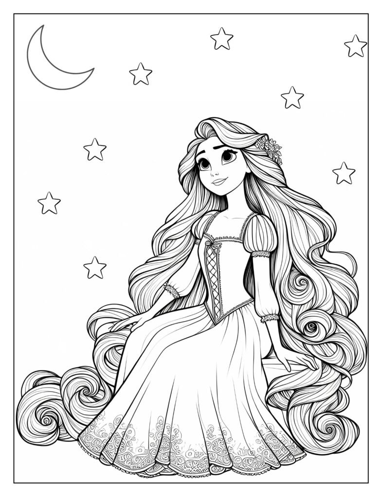 A line art drawing depicting Rapunzel's hair being used for a challenging purpose, like a rope, emphasizing its extraordinary length, perfect for coloring.