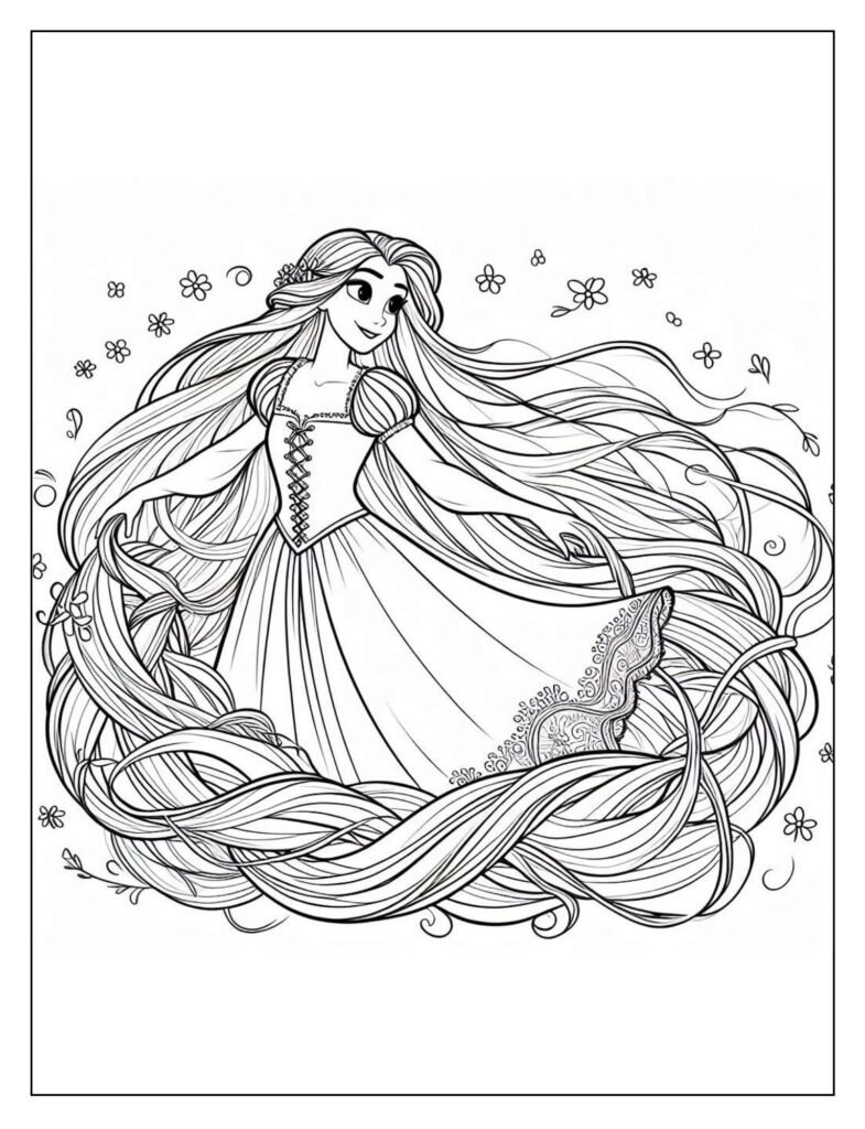 A black and white illustration of Rapunzel's long hair intricately decorated with various flowers, ready for coloring.