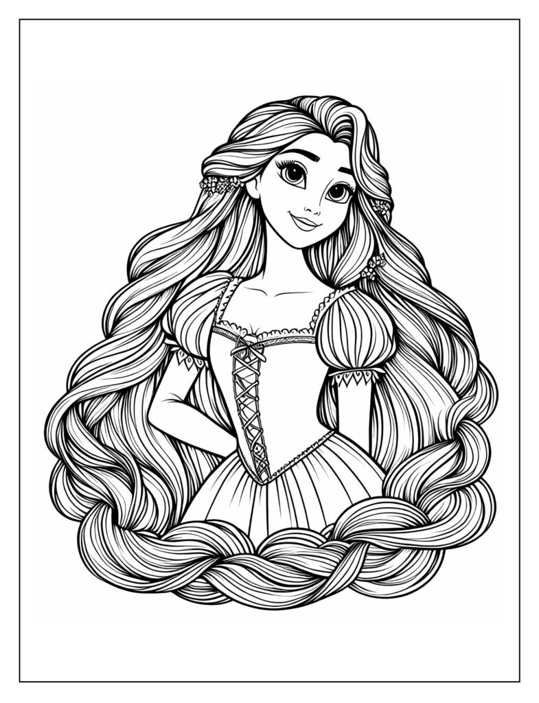 A line art illustration featuring Rapunzel, highlighting the immense length and flow of her signature golden hair, perfect for coloring.