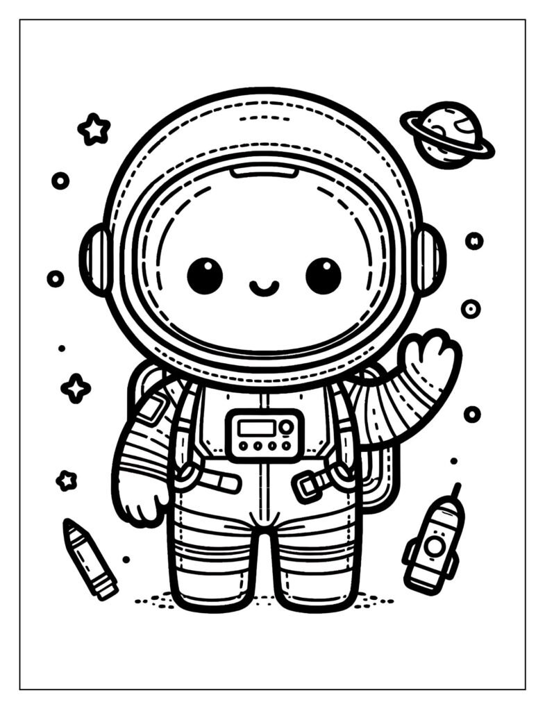 A line art drawing of an astronaut extending their hand towards a group of stars, symbolizing ambition and exploration, ready for coloring.