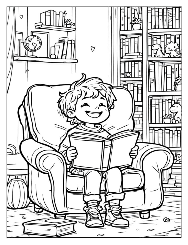 A black and white illustration of a child or multiple children engrossed in reading books, ready for coloring.