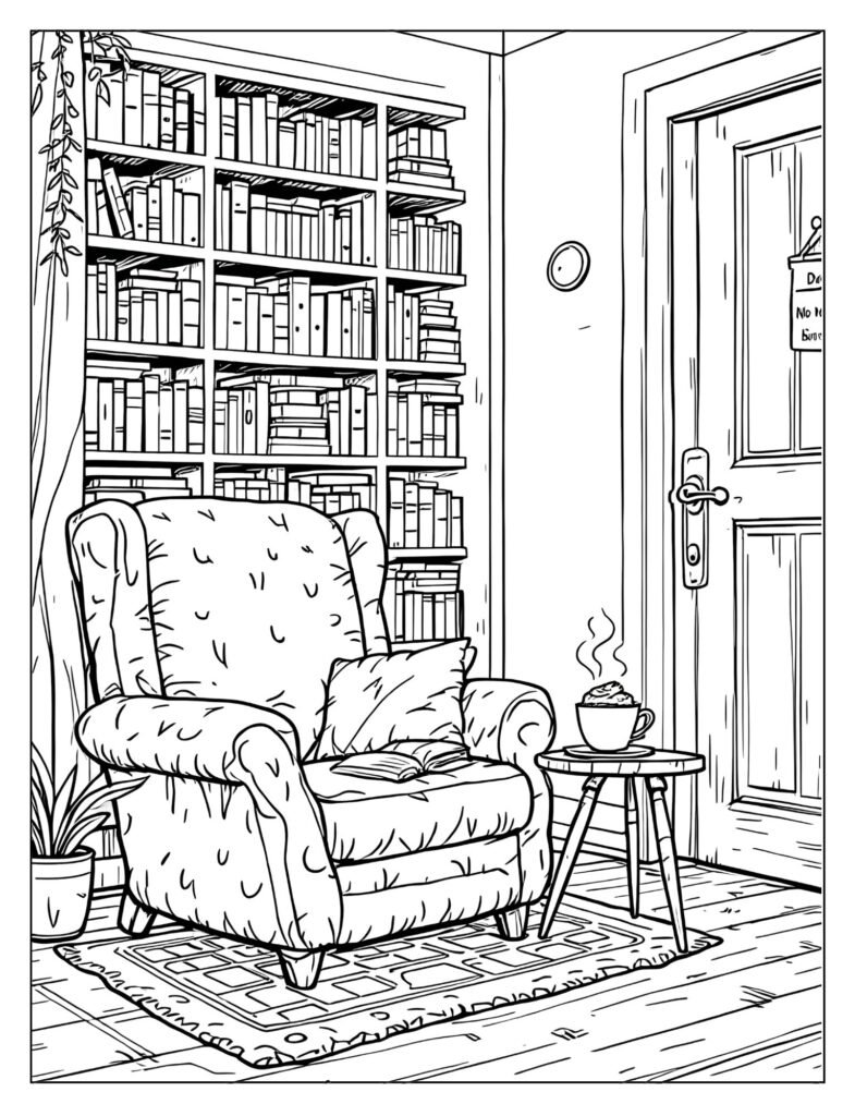 A cozy reading nook with a "Do Not Disturb" sign.