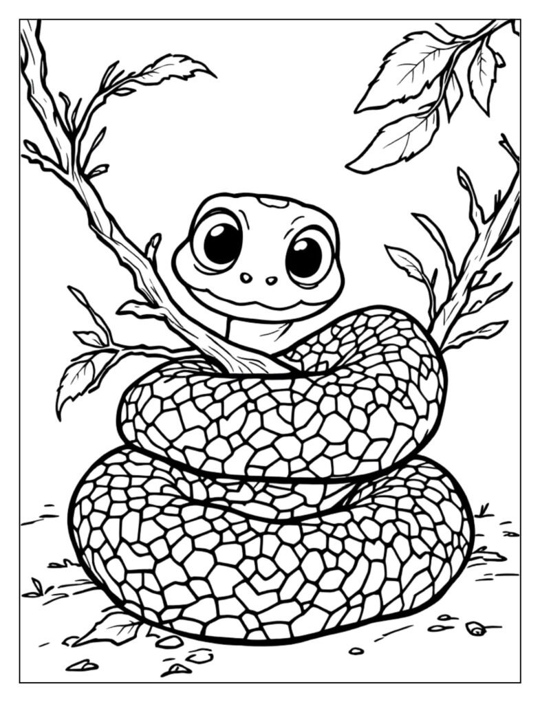 Detailed line art of a Ball Python coiled on a branch, emphasizing the natural colors and patterns.
