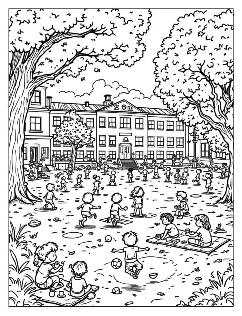A line art drawing depicting children playing various games outdoors during recess, ready for coloring.