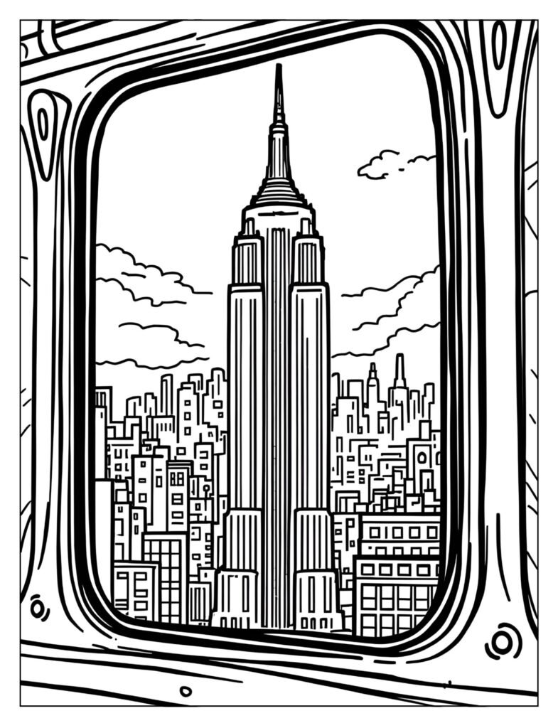The Empire State Building is drawn clearly with a distorted, curved reflection of its spire visible on a foreground glass facade.