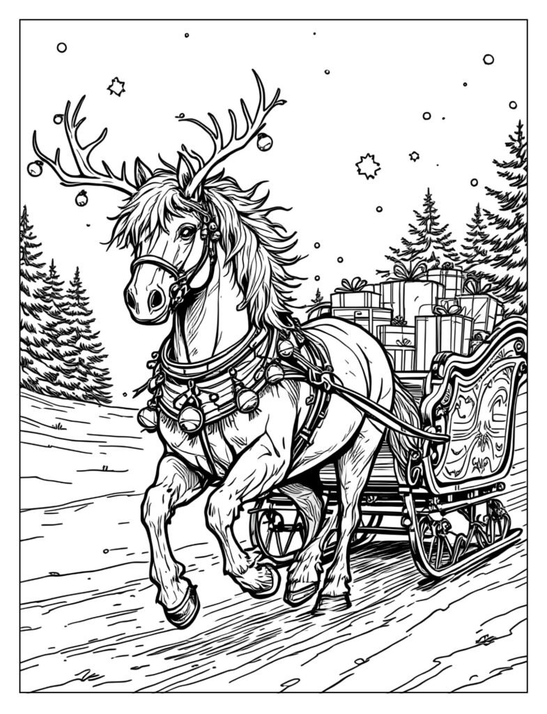 A beautiful horse adorned with antlers and bells pulling a decorated wooden sleigh through a snowy field.