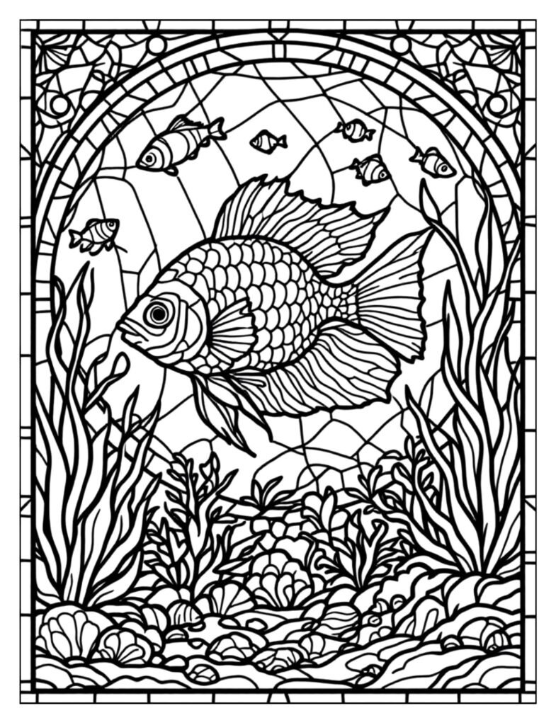 Tranquil line art of a relaxing aquarium scene with gentle fish, soft plants, and smooth pebbles.