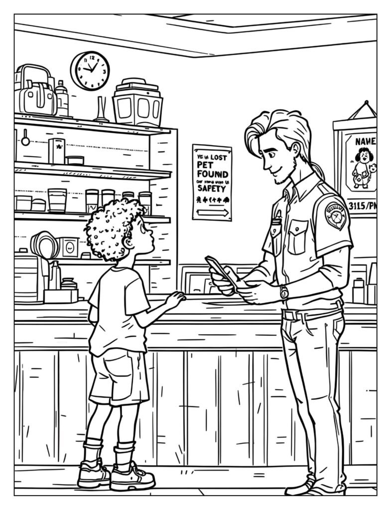 A child and a parent talking to a police officer at the station counter about a missing cat.