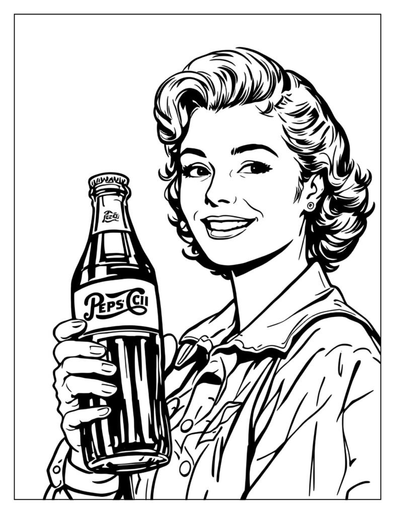 Vintage-style drawing of an old-fashioned Pepsi advertisement, showing a smiling person from the 1950s or 60s holding a glass bottle.