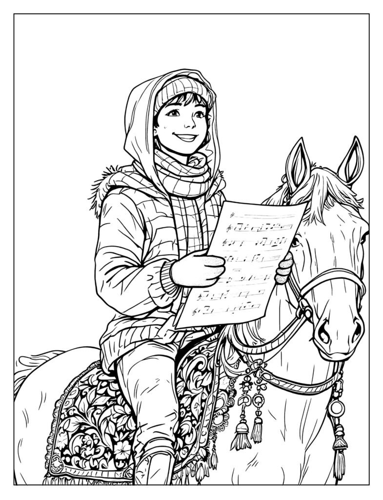 Child bundled in winter gear on a horse draped in a festive blanket, carrying a sheet of music for caroling.
