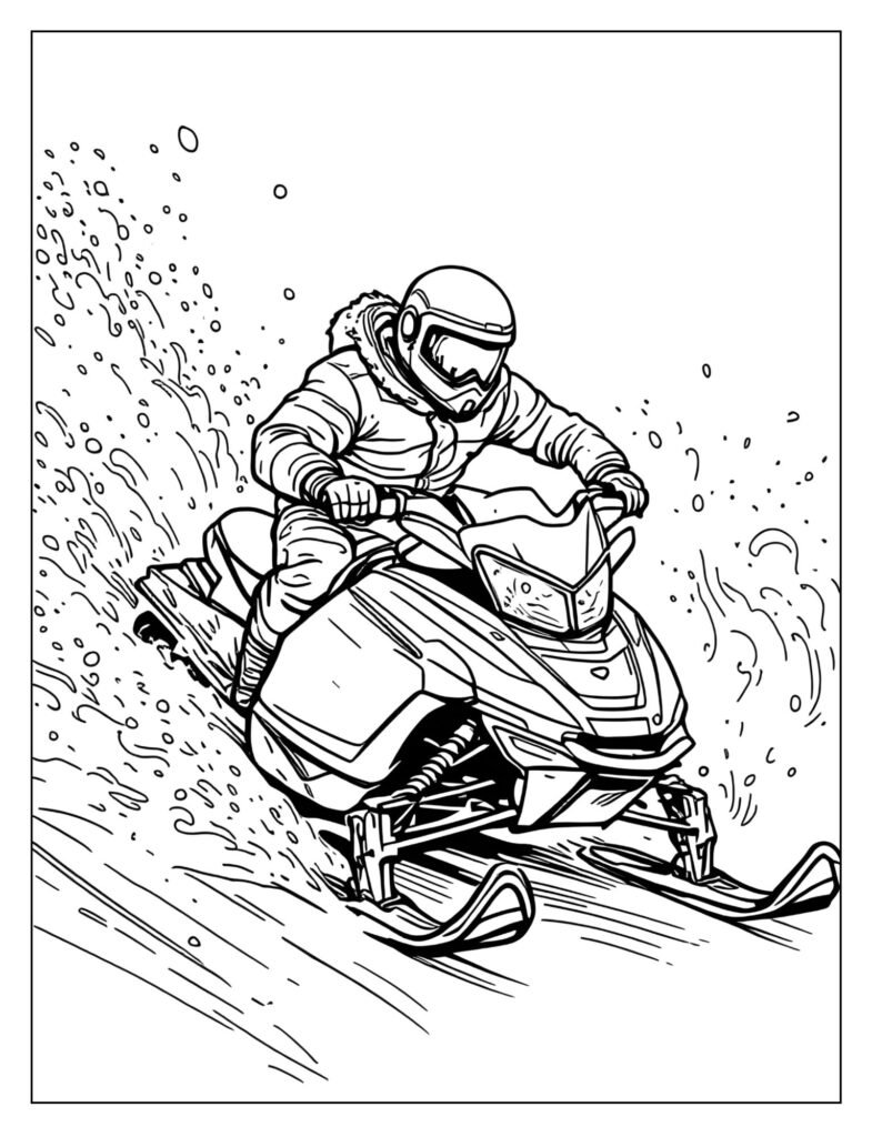 Snowmobile with a rider actively leaning into a turn, with snow spraying up from the skis and track.