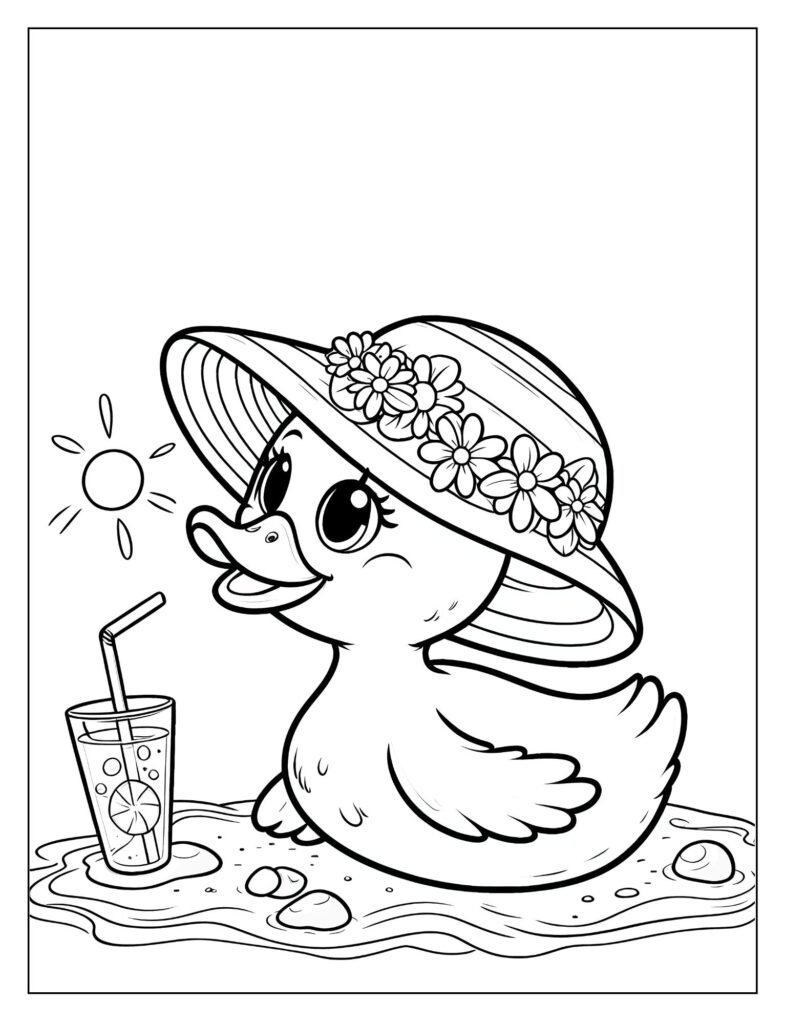 A line art illustration of a duck confidently swimming or exploring along a riverbank, designed for coloring.
