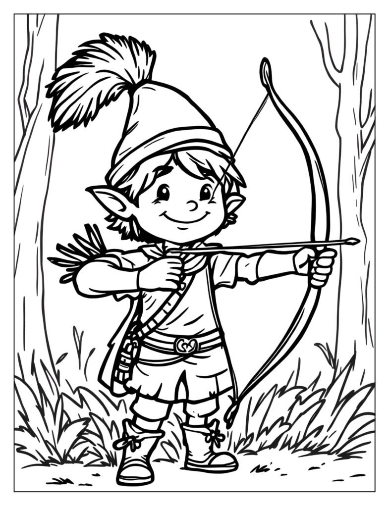 Character reminiscent of Robin Hood, wearing a feathered cap and tunic, drawing a simple recurve bow.