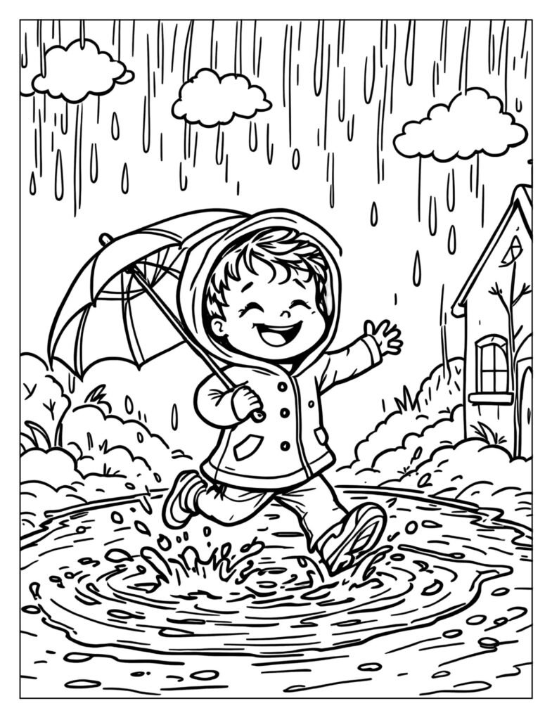 A person running in the rain with a puddle.