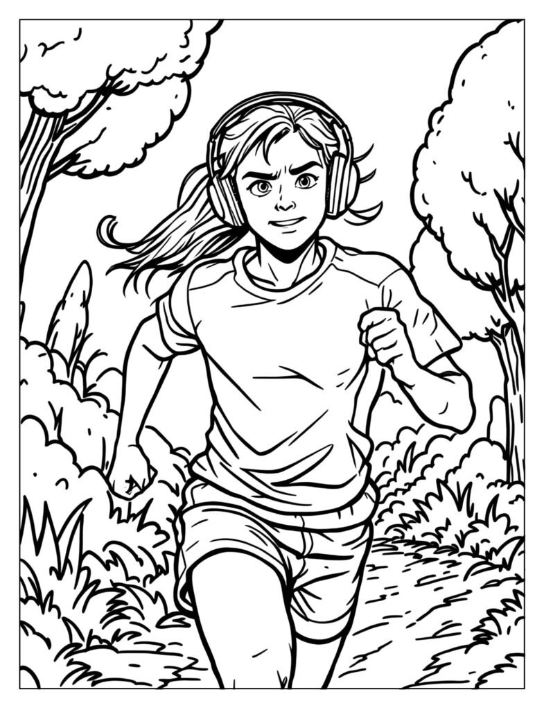 A person with headphones on running with a focused expression.