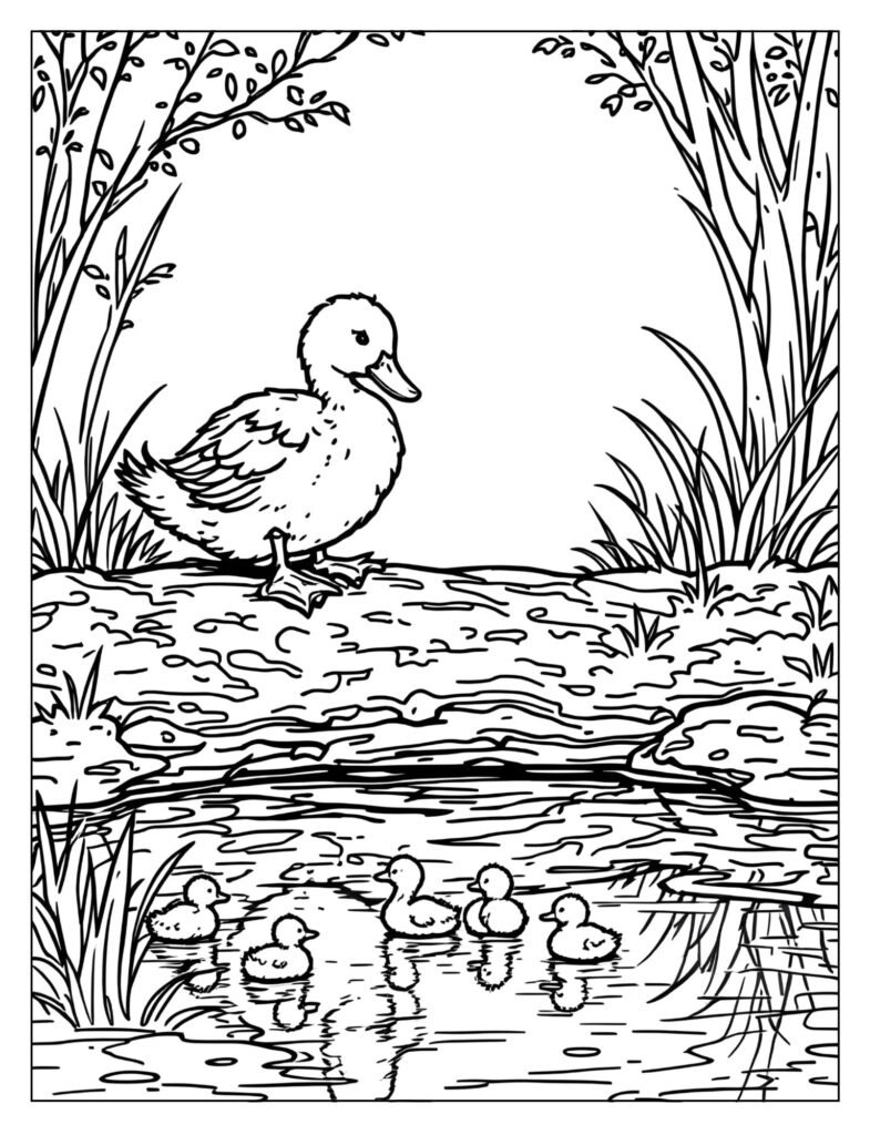 The Mother Duck sitting alone on a log, looking sadly at her reflection in the pond, which shows an empty space.