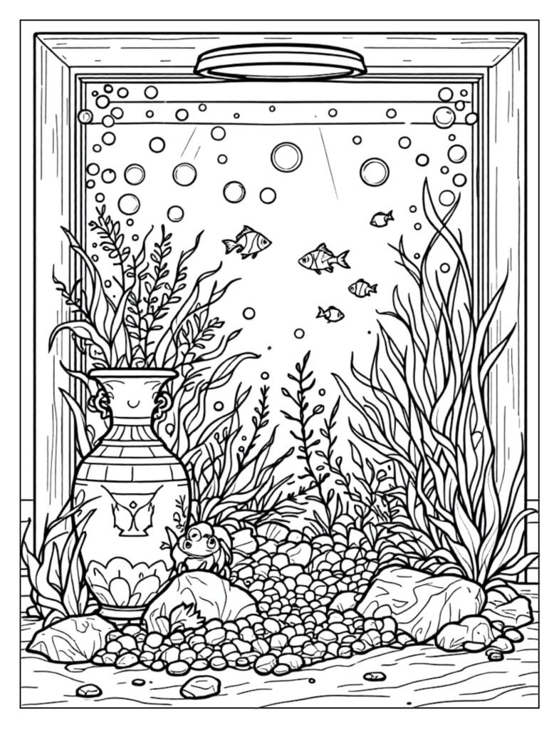 Intricate line art of a marine saltwater aquarium with clownfish, anemones, and elaborate coral reef formations.