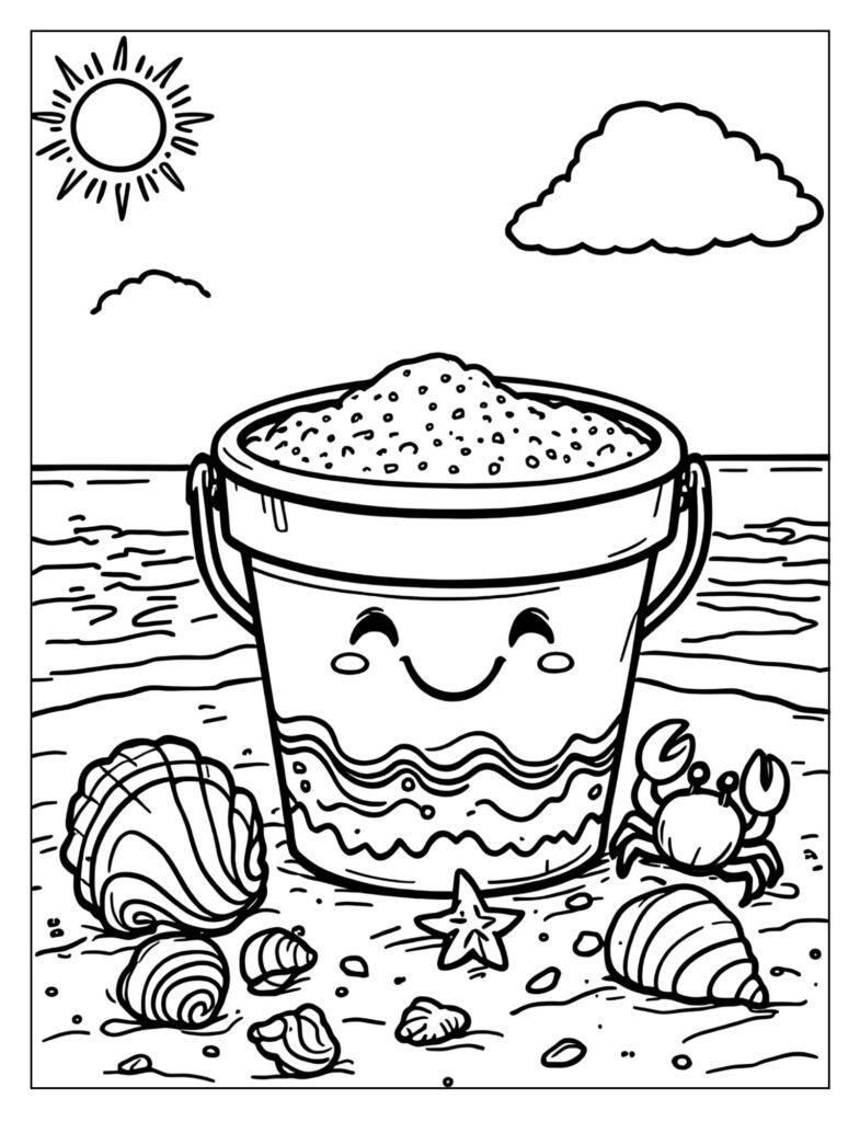A sand pail with different kinds of seashells.