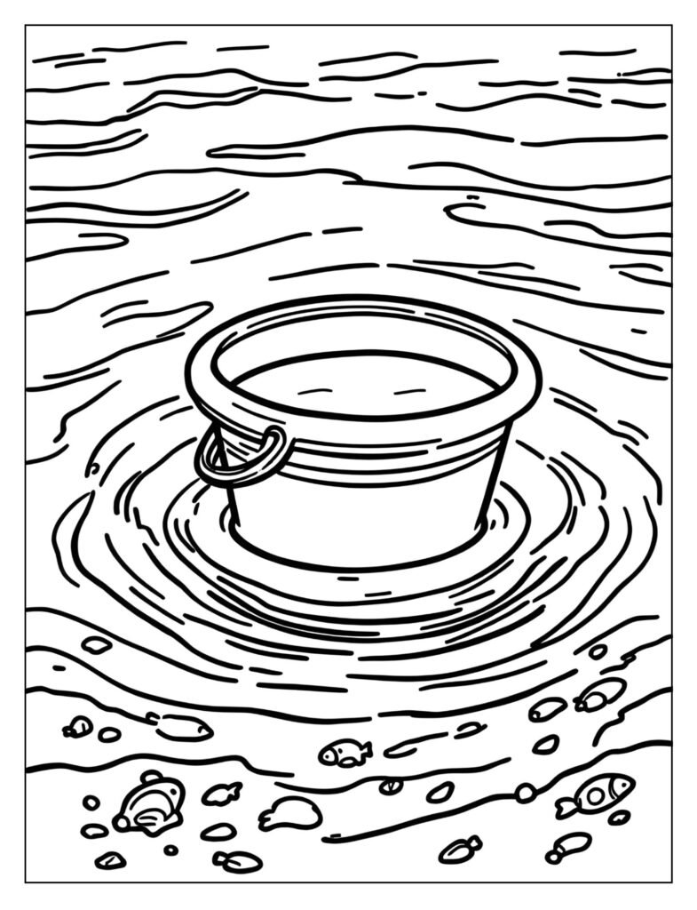 A sand pail floating in shallow ocean water.