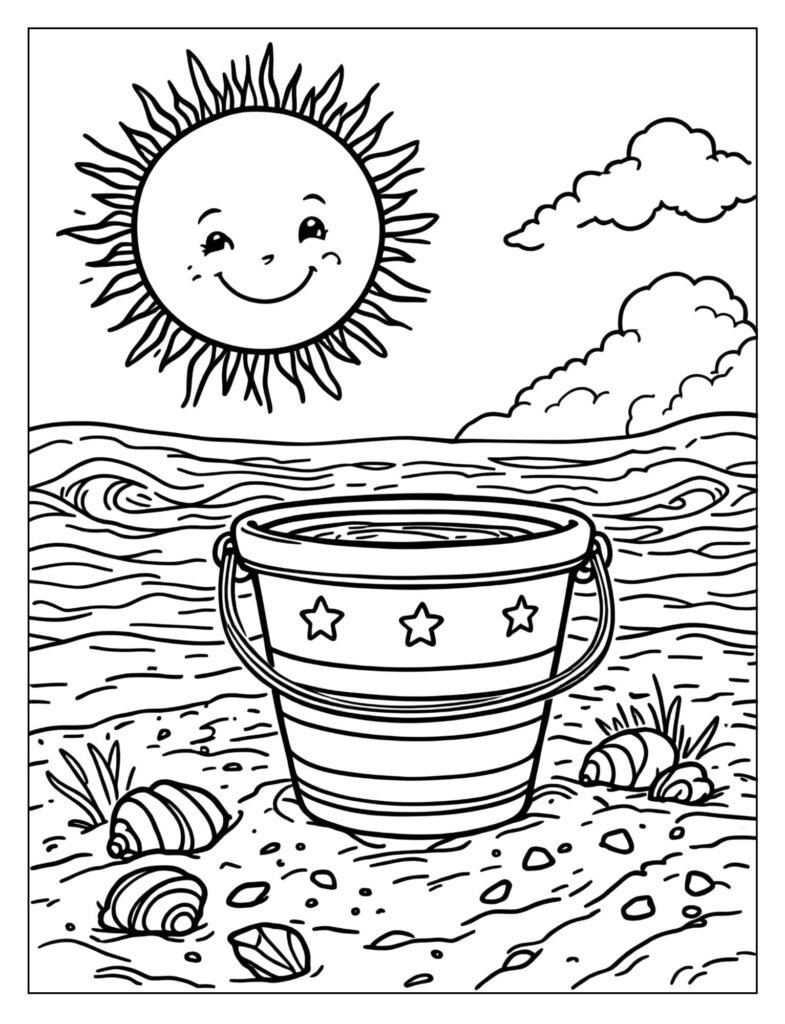 A sand pail on the beach with a big, shining sun.
